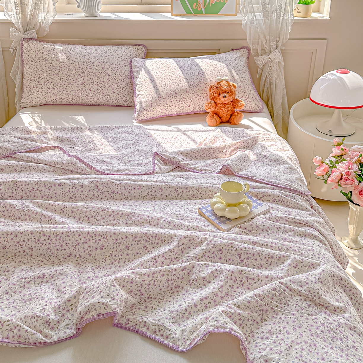 91家纺网 家纺一手货源 找家纺 归属 2026新款A类小碎花贝壳绣皱皱棉夏被夏凉被空调被 荔椿紫