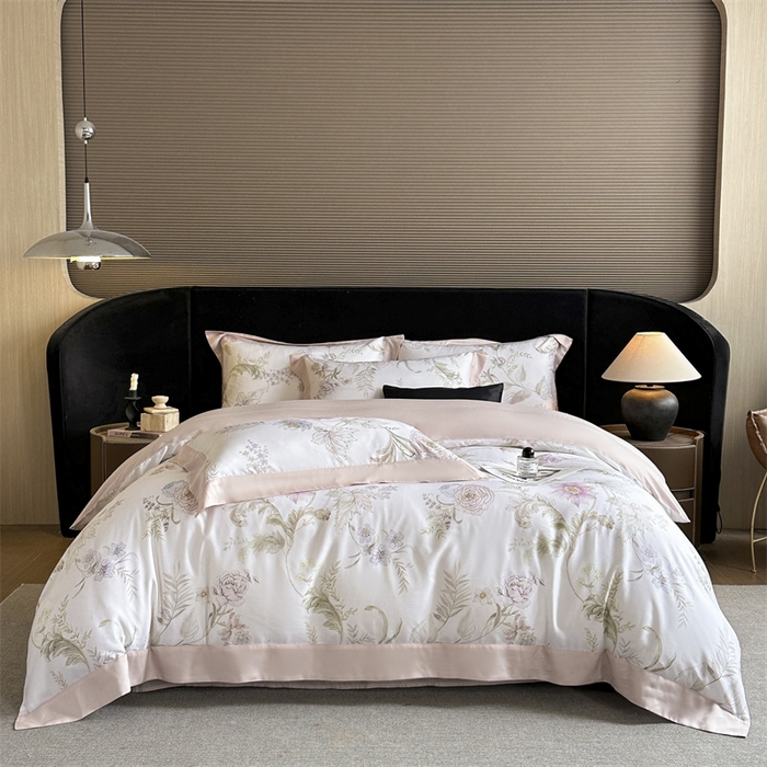 91家纺网 家纺一手货源 找家纺 蓝米卡夫 2026夏季新款50S天丝数码印花夏被夏凉被空调被四件套 春日落樱-粉