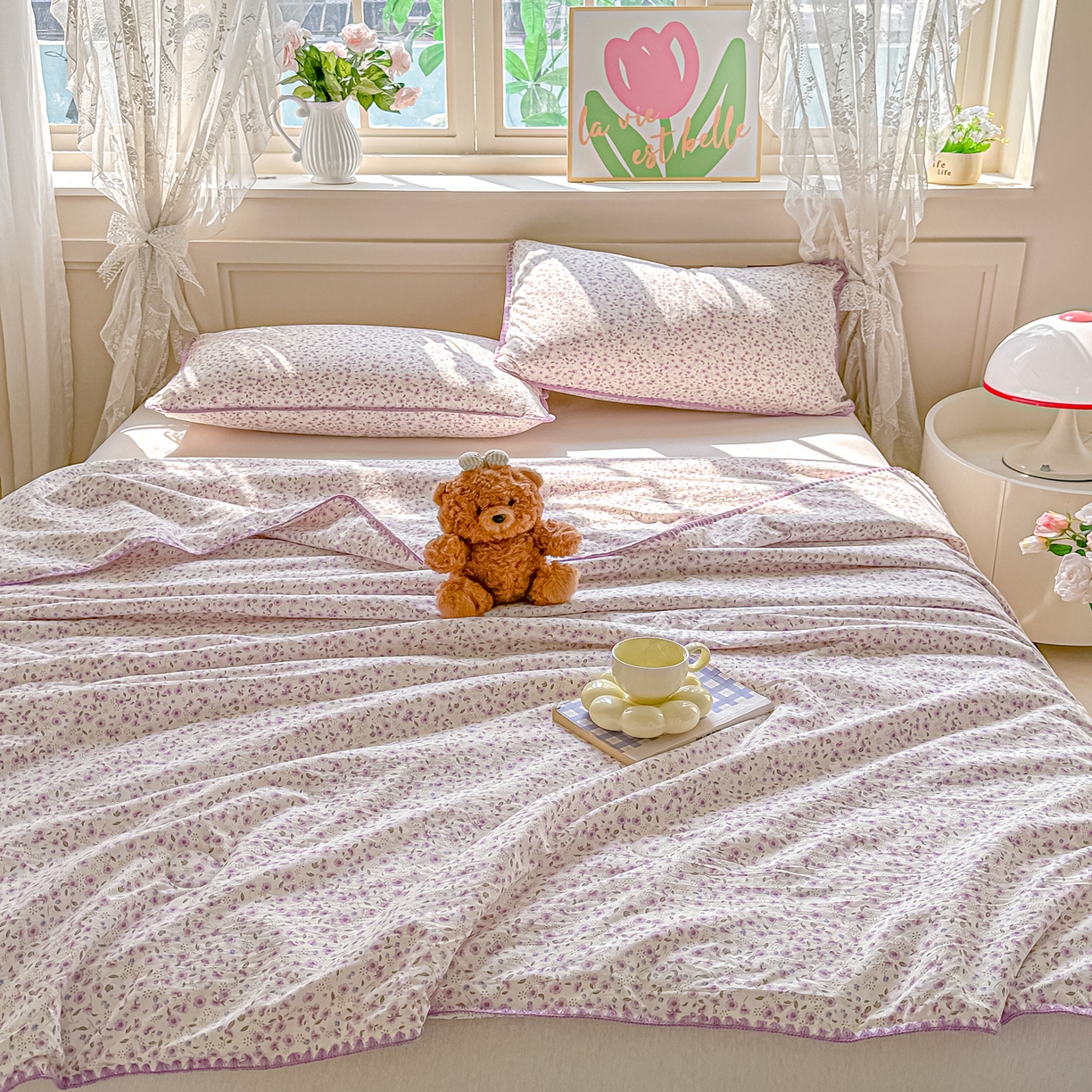 91家纺网 家纺一手货源 找家纺 归属 2026新款A类小碎花贝壳绣皱皱棉夏被夏凉被空调被 荔椿紫