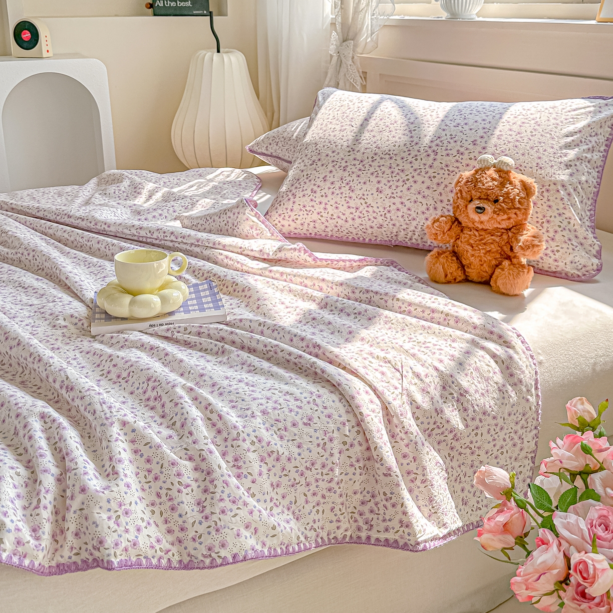 91家纺网 家纺一手货源 找家纺 归属 2026新款A类小碎花贝壳绣皱皱棉夏被夏凉被空调被 荔椿紫