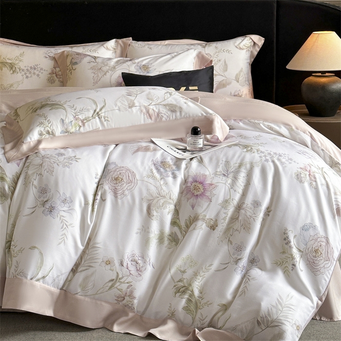 91家纺网 家纺一手货源 找家纺 蓝米卡夫 2026夏季新款50S天丝数码印花夏被夏凉被空调被四件套 春日落樱-粉