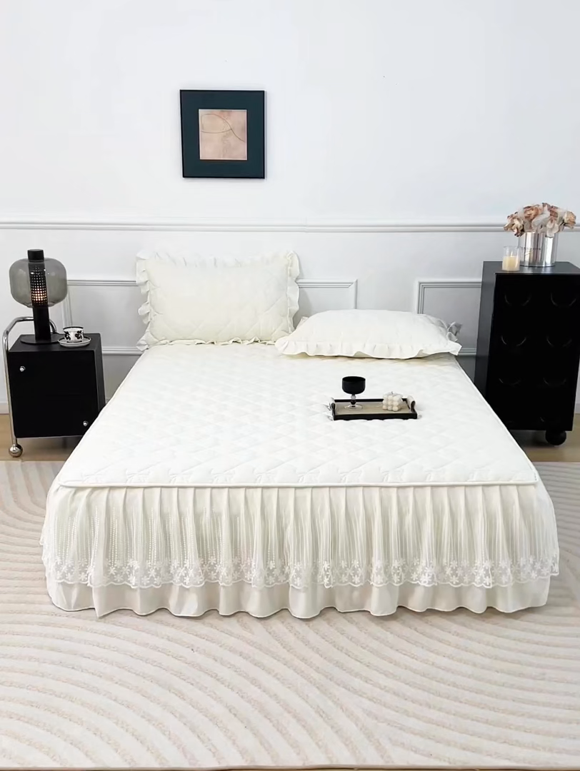 91家纺网 家纺一手货源 找家纺 乐蔻家纺 2026春夏新款A类原棉大豆夹棉床裙床笠四件套床笠单件-蝴蝶结 蝴蝶结-奶昔白