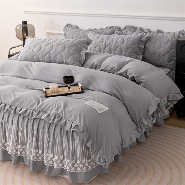 91家纺网 家纺一手货源 找家纺 乐蔻家纺 2026春夏新款A类原棉大豆夹棉床裙床笠四件套床笠单件-蝴蝶结 蝴蝶结-高级灰