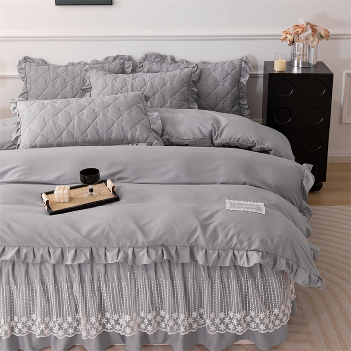 91家纺网 家纺一手货源 找家纺 乐蔻家纺 2026春夏新款A类原棉大豆夹棉床裙床笠四件套床笠单件-蝴蝶结 蝴蝶结-高级灰