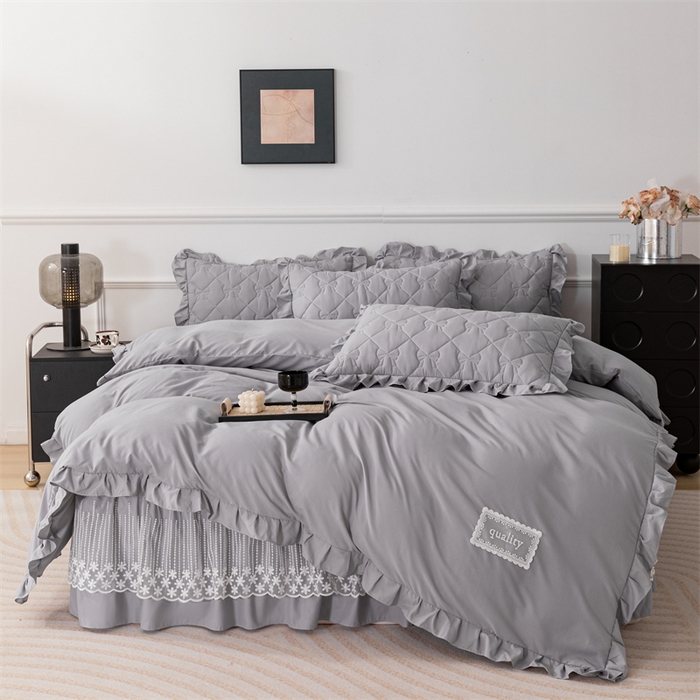 91家纺网 家纺一手货源 找家纺 乐蔻家纺 2026春夏新款A类原棉大豆夹棉床裙床笠四件套床笠单件-蝴蝶结 蝴蝶结-高级灰