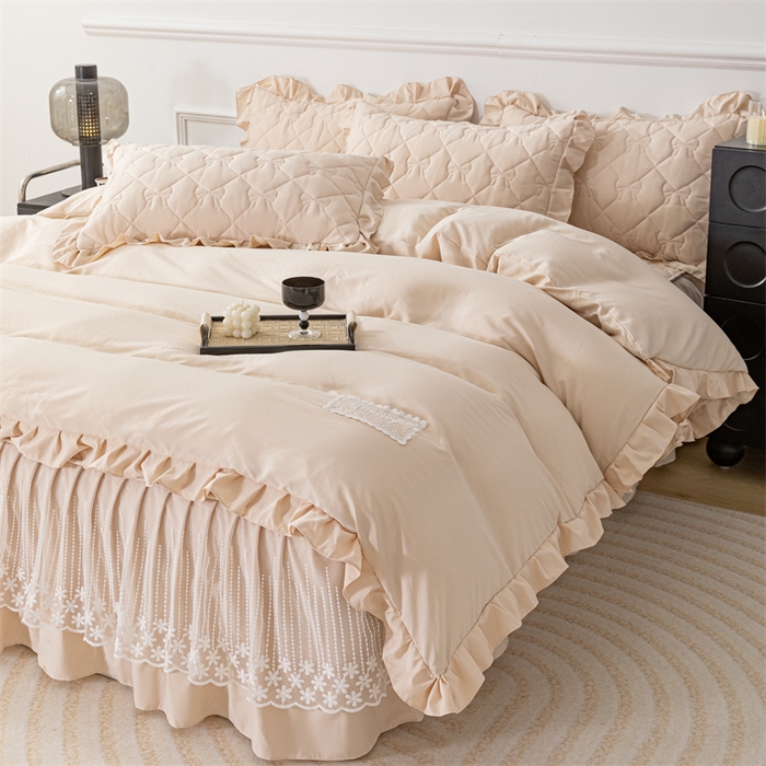 91家纺网 家纺一手货源 找家纺 乐蔻家纺 2026春夏新款A类原棉大豆夹棉床裙床笠四件套床笠单件-蝴蝶结 蝴蝶结-优雅驼