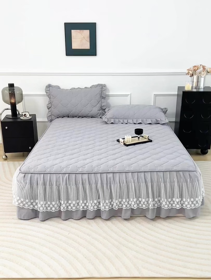 91家纺网 家纺一手货源 找家纺 乐蔻家纺 2026春夏新款A类原棉大豆夹棉床裙床笠四件套床笠单件-蝴蝶结 蝴蝶结-高级灰