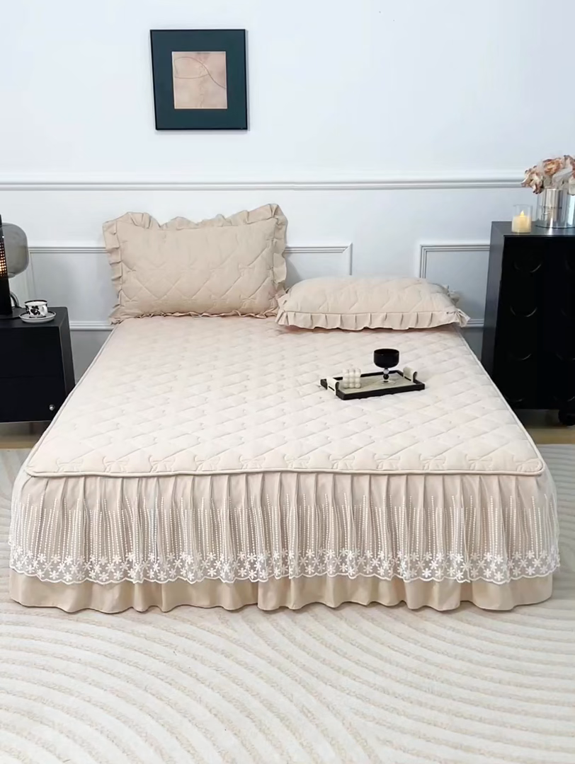 91家纺网 家纺一手货源 找家纺 乐蔻家纺 2026春夏新款A类原棉大豆夹棉床裙床笠四件套床笠单件-蝴蝶结 蝴蝶结-优雅驼