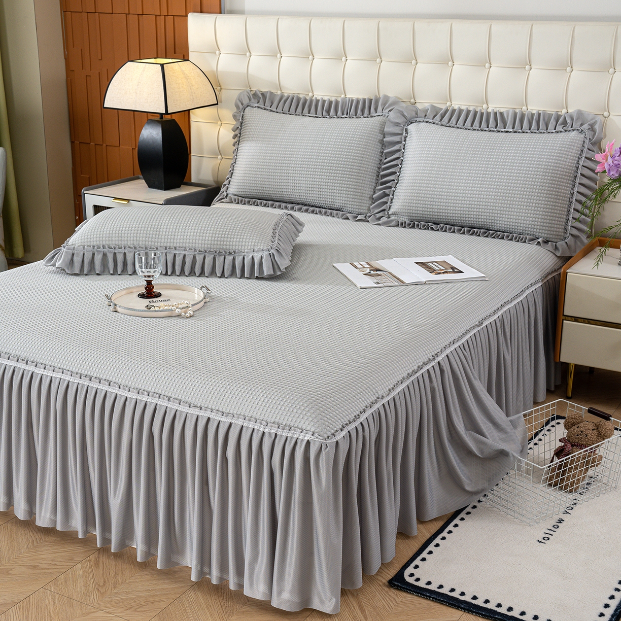 91家纺网 家纺一手货源 找家纺 （总）睡美美家纺 2026新款A类3D按摩豆豆席床裙款凉席三件套