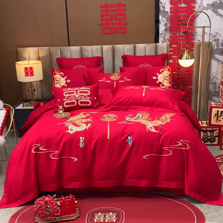 91家纺网 家纺一手货源 找家纺 千禧家纺 2026新款全棉13372婚庆绣花系列 龙凤送子