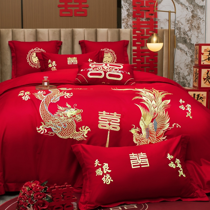 91家纺网 家纺一手货源 找家纺 千禧家纺 2026新款全棉13372婚庆绣花系列 龙凤喜事