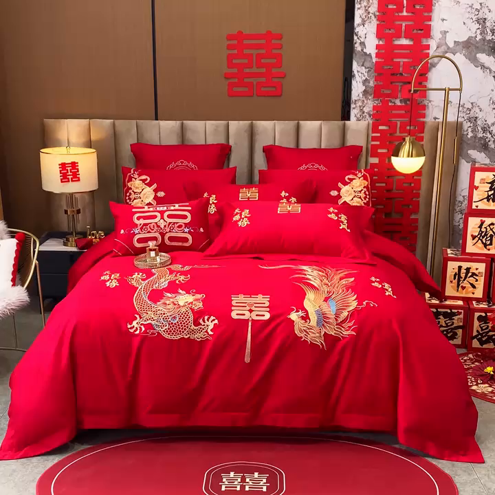 91家纺网 家纺一手货源 找家纺 千禧家纺 2026新款全棉13372婚庆绣花系列 龙凤喜事