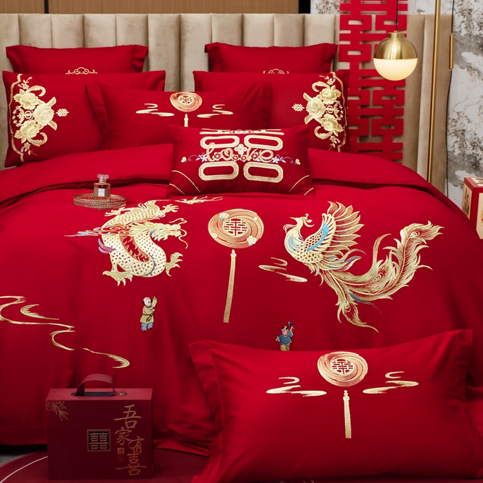 91家纺网 家纺一手货源 找家纺 千禧家纺 2026新款全棉13372婚庆绣花系列 龙凤送子