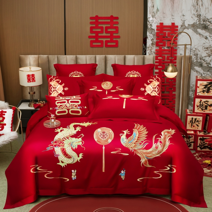 千禧家纺 2026新款全棉13372婚庆绣花系列 龙凤送子