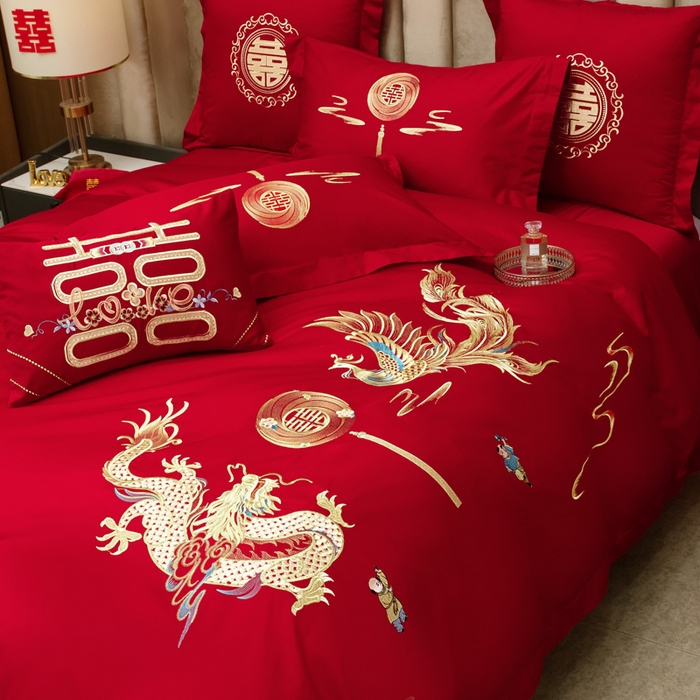 91家纺网 家纺一手货源 找家纺 千禧家纺 2026新款全棉13372婚庆绣花系列 龙凤送子