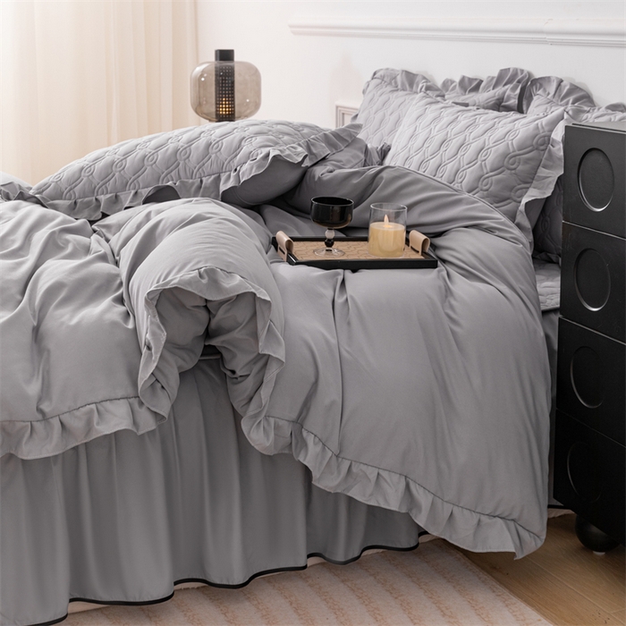 91家纺网 家纺一手货源 找家纺 乐蔻家纺 2026春夏新款新款A类原棉大豆夹棉床裙床笠四件套床笠单件-水仙花 水仙花-高级灰