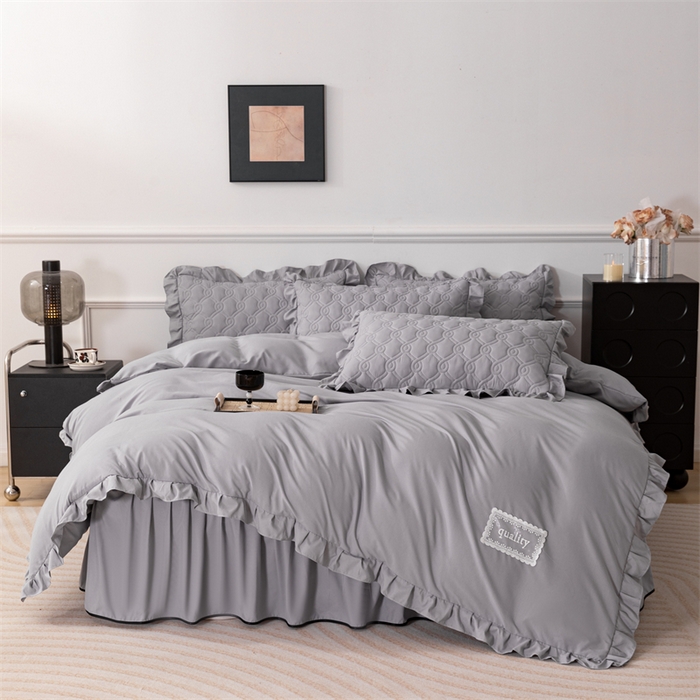 91家纺网 家纺一手货源 找家纺 乐蔻家纺 2026春夏新款新款A类原棉大豆夹棉床裙床笠四件套床笠单件-水仙花 水仙花-高级灰