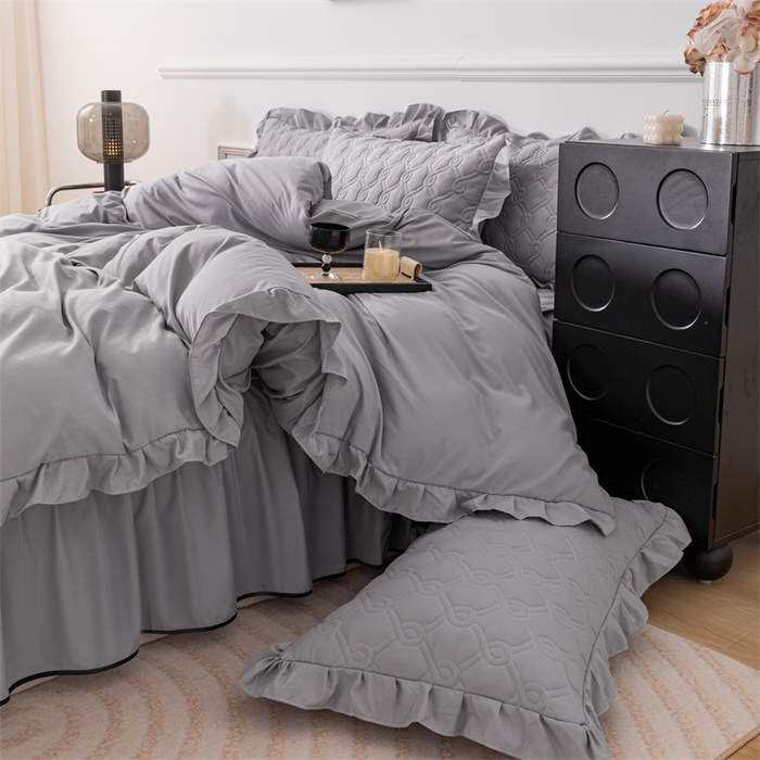 91家纺网 家纺一手货源 找家纺 乐蔻家纺 2026春夏新款新款A类原棉大豆夹棉床裙床笠四件套床笠单件-水仙花 水仙花-高级灰