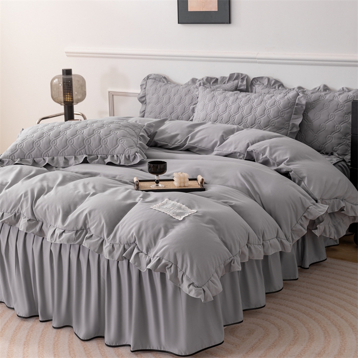 91家纺网 家纺一手货源 找家纺 乐蔻家纺 2026春夏新款新款A类原棉大豆夹棉床裙床笠四件套床笠单件-水仙花 水仙花-高级灰