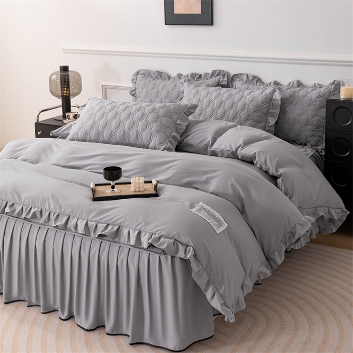 91家纺网 家纺一手货源 找家纺 乐蔻家纺 2026春夏新款新款A类原棉大豆夹棉床裙床笠四件套床笠单件-水仙花 水仙花-高级灰