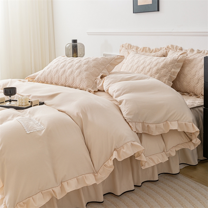 91家纺网 家纺一手货源 找家纺 乐蔻家纺 2026春夏新款新款A类原棉大豆夹棉床裙床笠四件套床笠单件-水仙花 水仙花-优雅驼