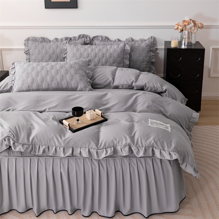 91家纺网 家纺一手货源 找家纺 乐蔻家纺 2026春夏新款新款A类原棉大豆夹棉床裙床笠四件套床笠单件-水仙花 水仙花-高级灰