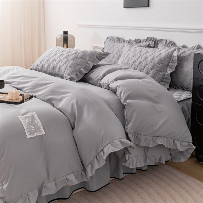 91家纺网 家纺一手货源 找家纺 乐蔻家纺 2026春夏新款新款A类原棉大豆夹棉床裙床笠四件套床笠单件-水仙花 水仙花-高级灰