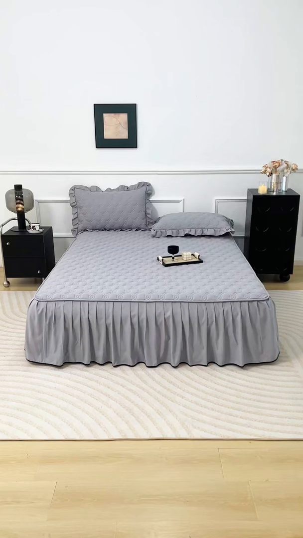 91家纺网 家纺一手货源 找家纺 乐蔻家纺 2026春夏新款新款A类原棉大豆夹棉床裙床笠四件套床笠单件-水仙花 水仙花-高级灰