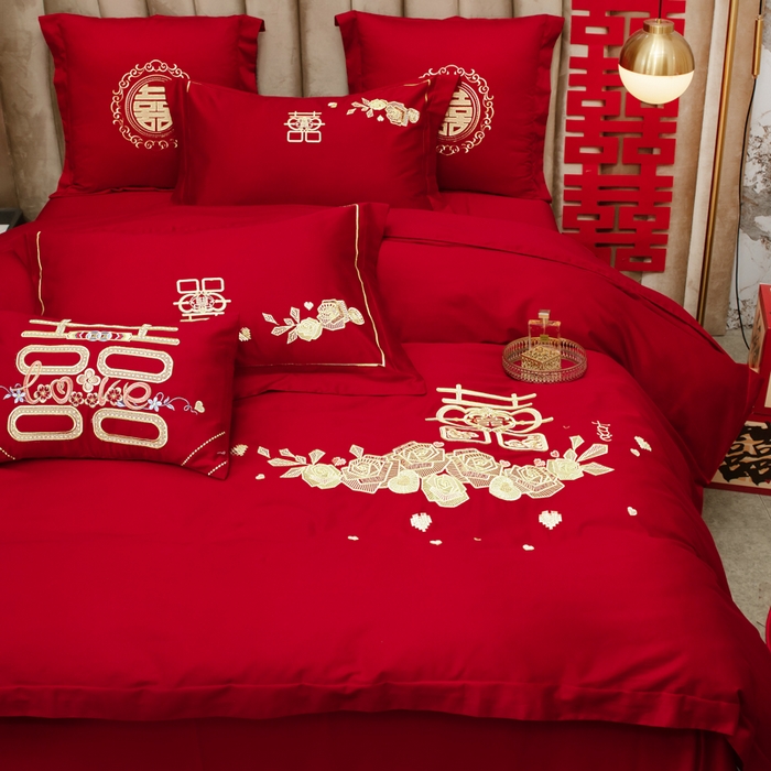 91家纺网 家纺一手货源 找家纺 千禧家纺 2026新款全棉13372婚庆绣花系列 玫瑰爱语