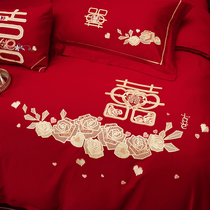 91家纺网 家纺一手货源 找家纺 千禧家纺 2026新款全棉13372婚庆绣花系列 玫瑰爱语