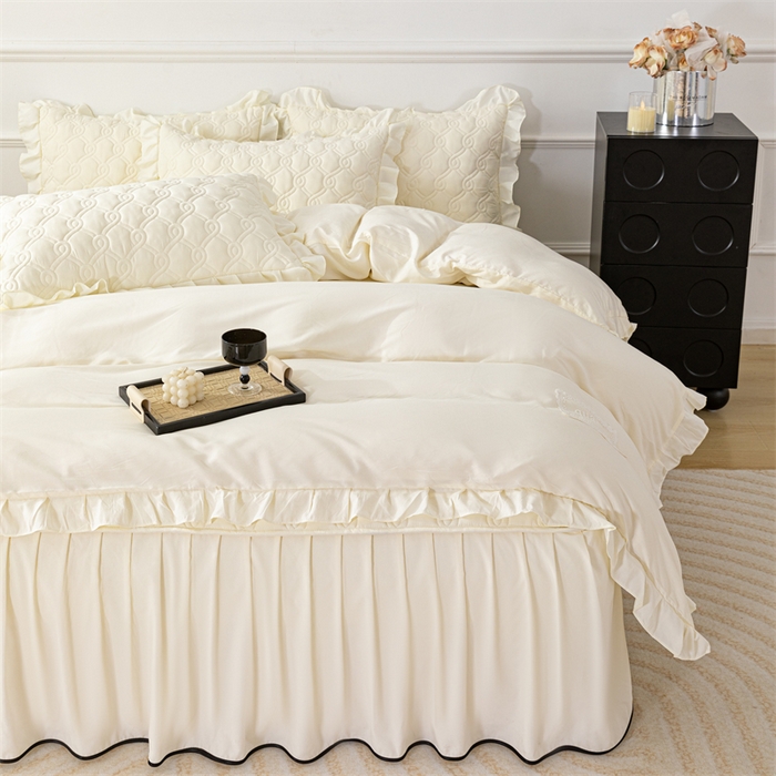 91家纺网 家纺一手货源 找家纺 乐蔻家纺 2026春夏新款新款A类原棉大豆夹棉床裙床笠四件套床笠单件-水仙花 水仙花-奶昔白