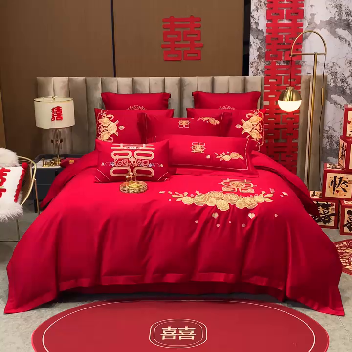 91家纺网 家纺一手货源 找家纺 千禧家纺 2026新款全棉13372婚庆绣花系列 玫瑰爱语