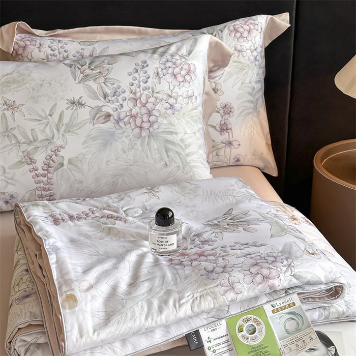 91家纺网 家纺一手货源 找家纺 蓝米卡夫 2026夏季新款50S天丝数码印花夏被夏凉被空调被四件套 繁花枝恋-绿