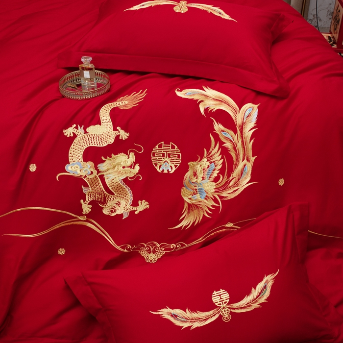 91家纺网 家纺一手货源 找家纺 千禧家纺 2026新款全棉13372婚庆绣花系列 如意龙凤