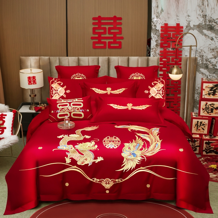 千禧家纺 2026新款全棉13372婚庆绣花系列 如意龙凤