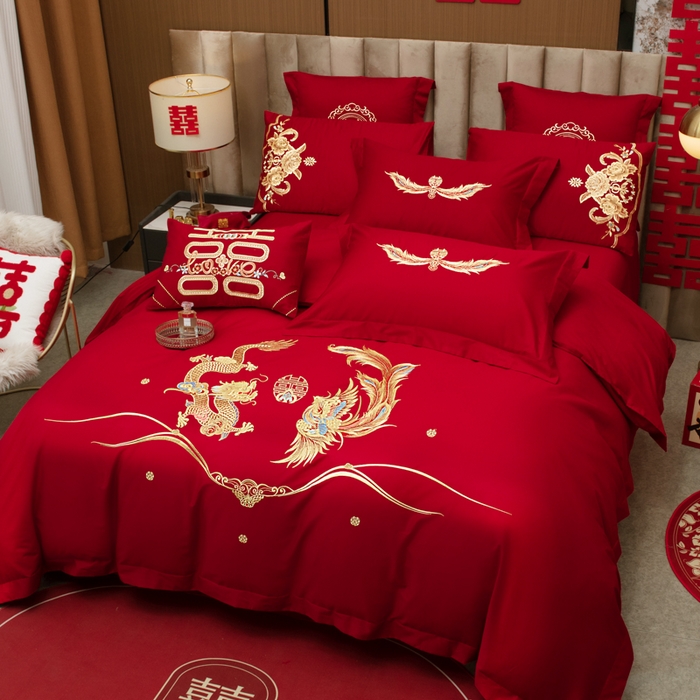 91家纺网 家纺一手货源 找家纺 千禧家纺 2026新款全棉13372婚庆绣花系列 如意龙凤