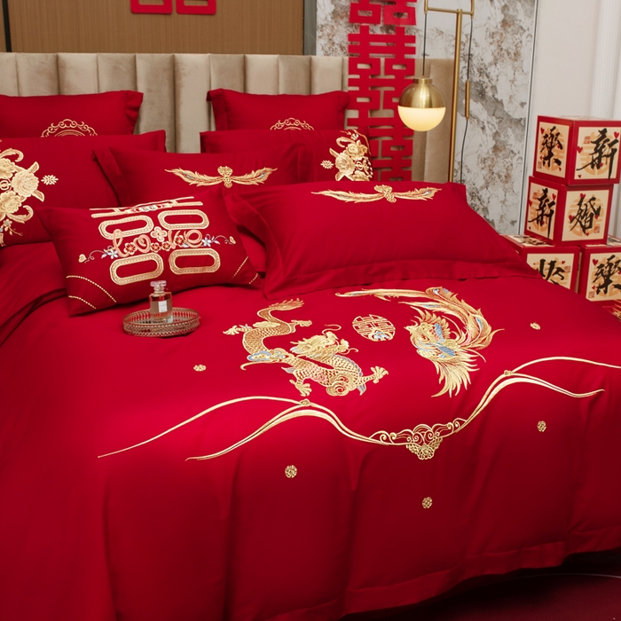 91家纺网 家纺一手货源 找家纺 千禧家纺 2026新款全棉13372婚庆绣花系列 如意龙凤