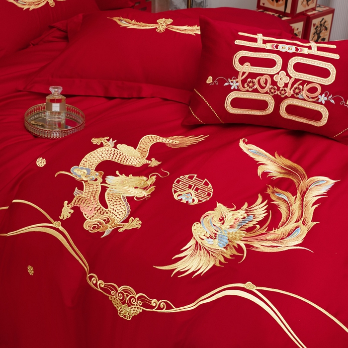 91家纺网 家纺一手货源 找家纺 千禧家纺 2026新款全棉13372婚庆绣花系列 如意龙凤