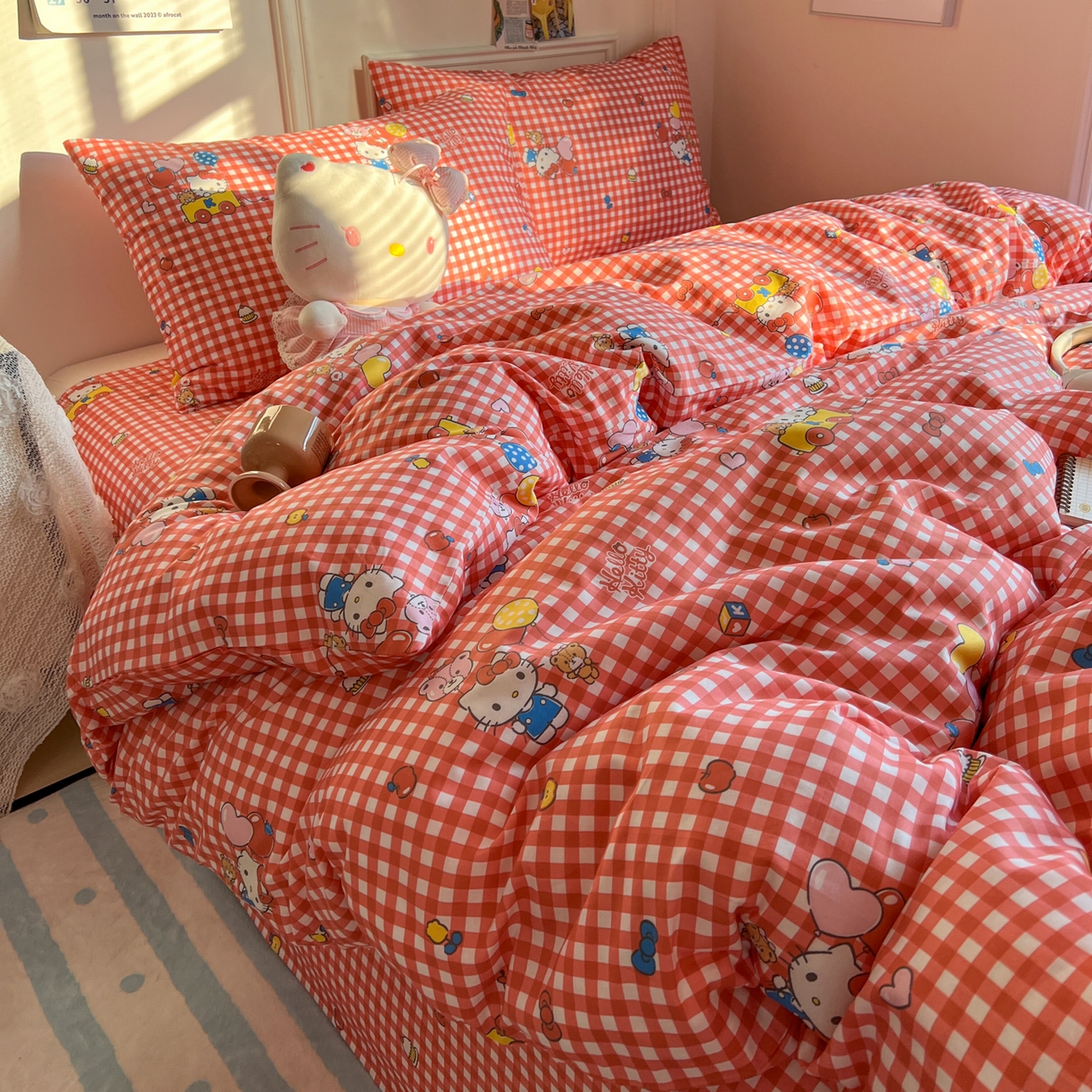 耀悦家纺 2026新款纯棉四件套正版授权三丽鸥卡通床单床笠被套枕套 Hello Kitty红格