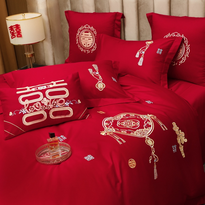 91家纺网 家纺一手货源 找家纺 千禧家纺 2026新款全棉13372婚庆绣花系列 吾家有喜