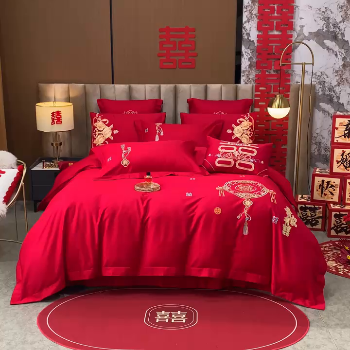 91家纺网 家纺一手货源 找家纺 千禧家纺 2026新款全棉13372婚庆绣花系列 吾家有喜