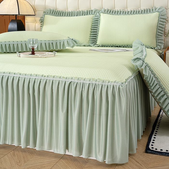 91家纺网 家纺一手货源 找家纺 睡美美家纺 2026新款A类3D按摩豆豆席床裙款凉席三件套 果绿