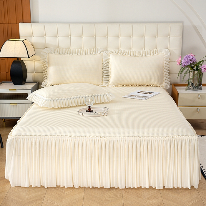 91家纺网 家纺一手货源 找家纺 睡美美家纺 2026新款A类3D按摩豆豆席床裙款凉席三件套 米白