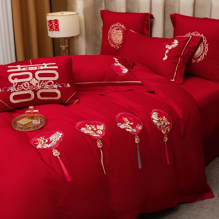 91家纺网 家纺一手货源 找家纺 千禧家纺 2026新款全棉13372婚庆绣花系列 喜结良缘