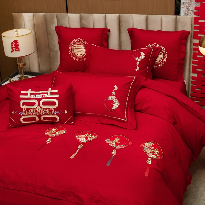 91家纺网 家纺一手货源 找家纺 千禧家纺 2026新款全棉13372婚庆绣花系列 喜结良缘