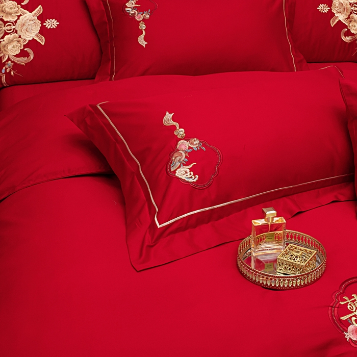 91家纺网 家纺一手货源 找家纺 千禧家纺 2026新款全棉13372婚庆绣花系列 喜结良缘