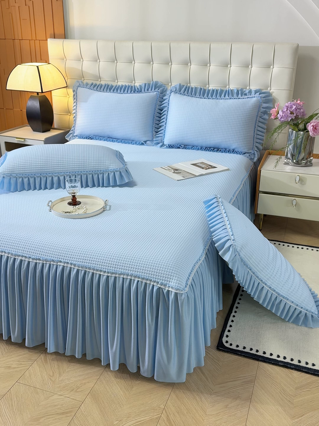 91家纺网 家纺一手货源 找家纺 睡美美家纺 2026新款A类3D按摩豆豆席床裙款凉席三件套 天蓝