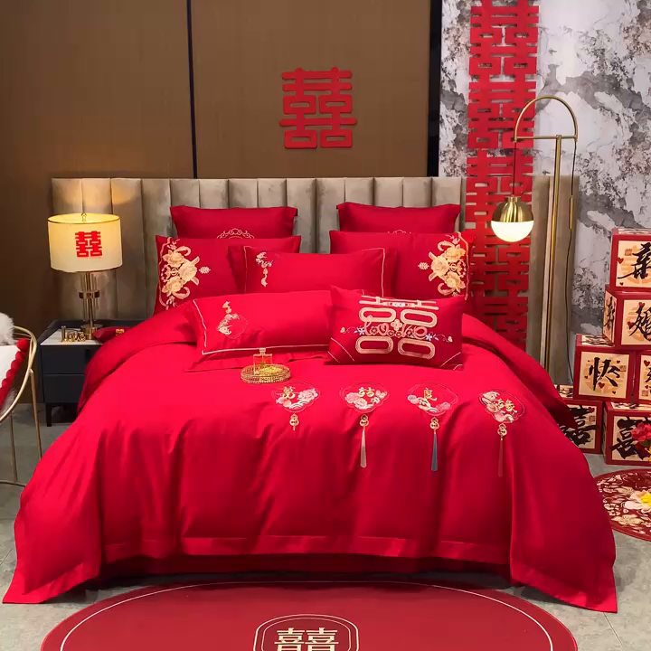 91家纺网 家纺一手货源 找家纺 千禧家纺 2026新款全棉13372婚庆绣花系列 喜结良缘