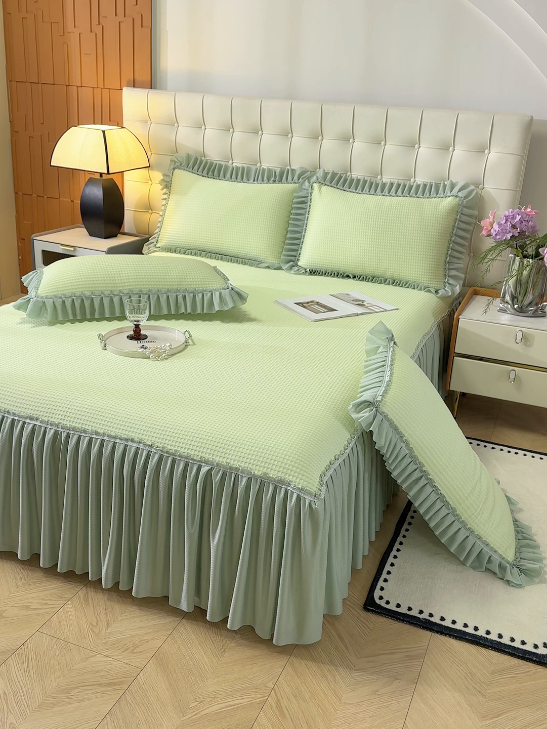 91家纺网 家纺一手货源 找家纺 睡美美家纺 2026新款A类3D按摩豆豆席床裙款凉席三件套 果绿