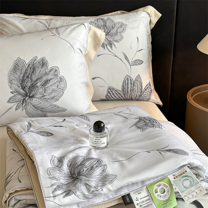 91家纺网 家纺一手货源 找家纺 蓝米卡夫 2026夏季新款50S天丝数码印花夏被夏凉被空调被四件套 澜晚-灰